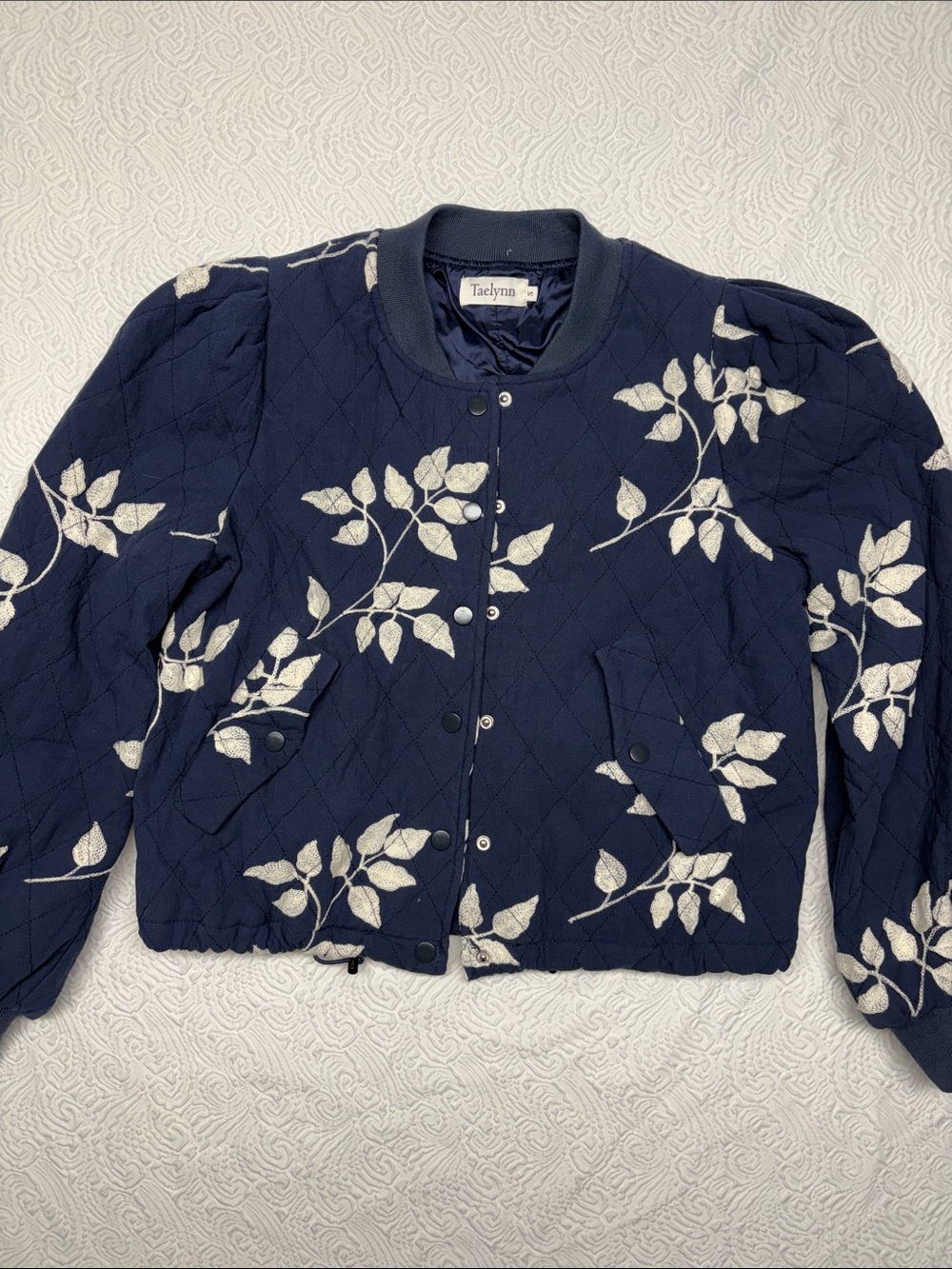 Taelynn Navy Quilted Bomber Jacket with Ivory Leaf Embroidery